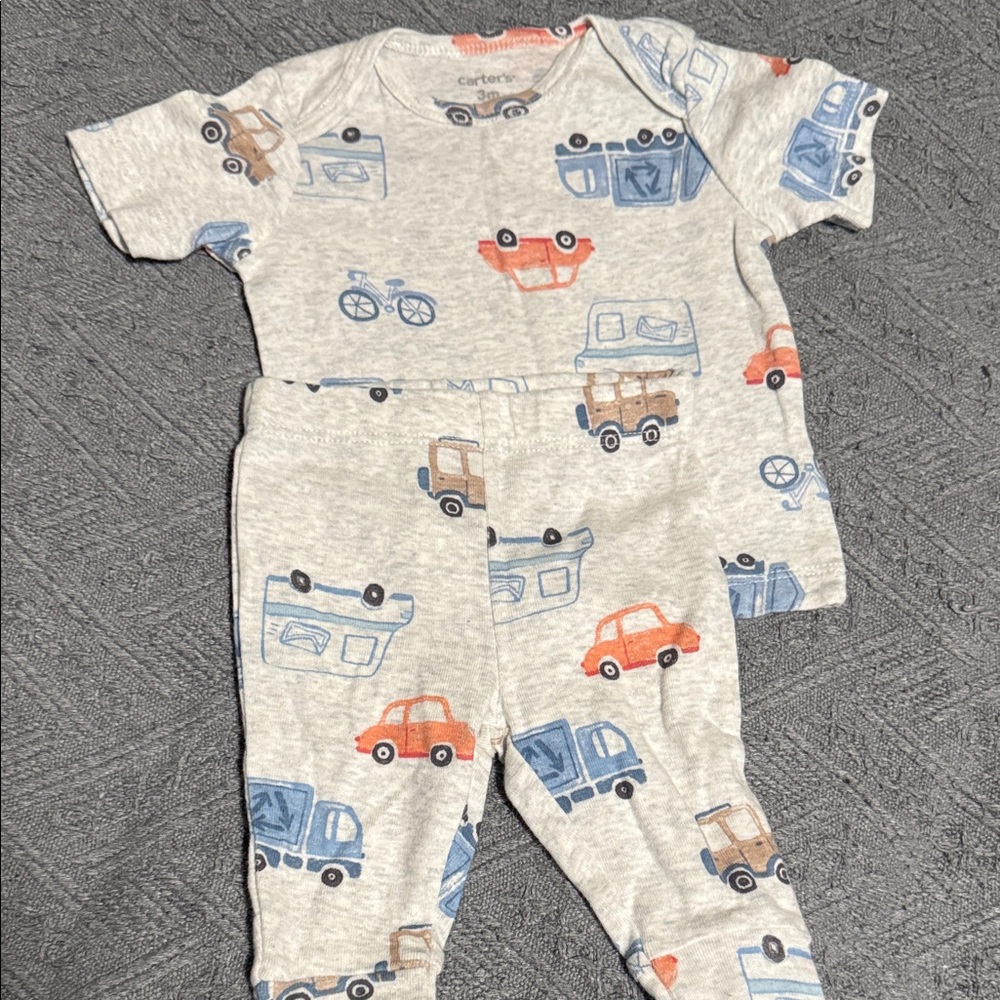 Carter's Gray Short-Sleeve Pajama Set with Blue, Orange & Brown Vehicles